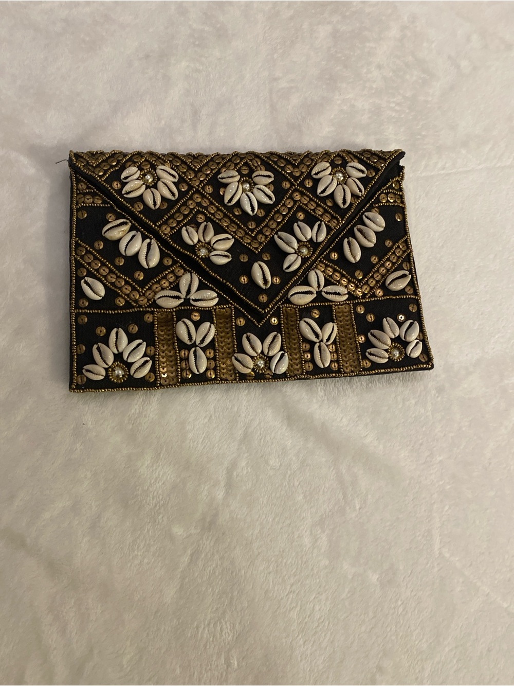 Embellished Black Shell-Accented Envelope Clutch